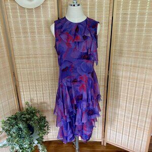 Vintage Silk Dress Purple Floral Sleeveless Ruffle Tiered Dress Size 8